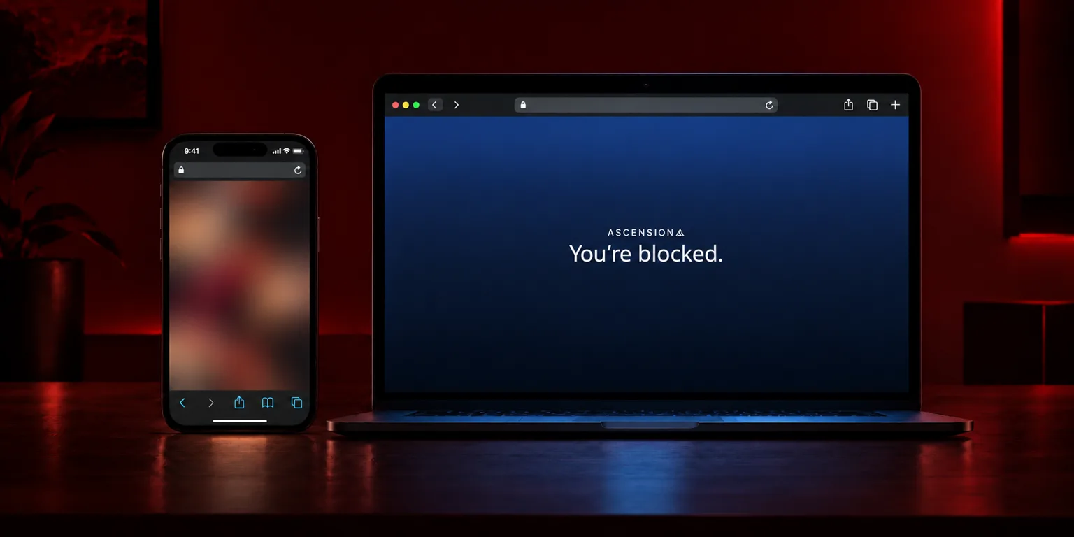Safari on an iPhone with a blurred page next to a Mac showing an Ascension block page