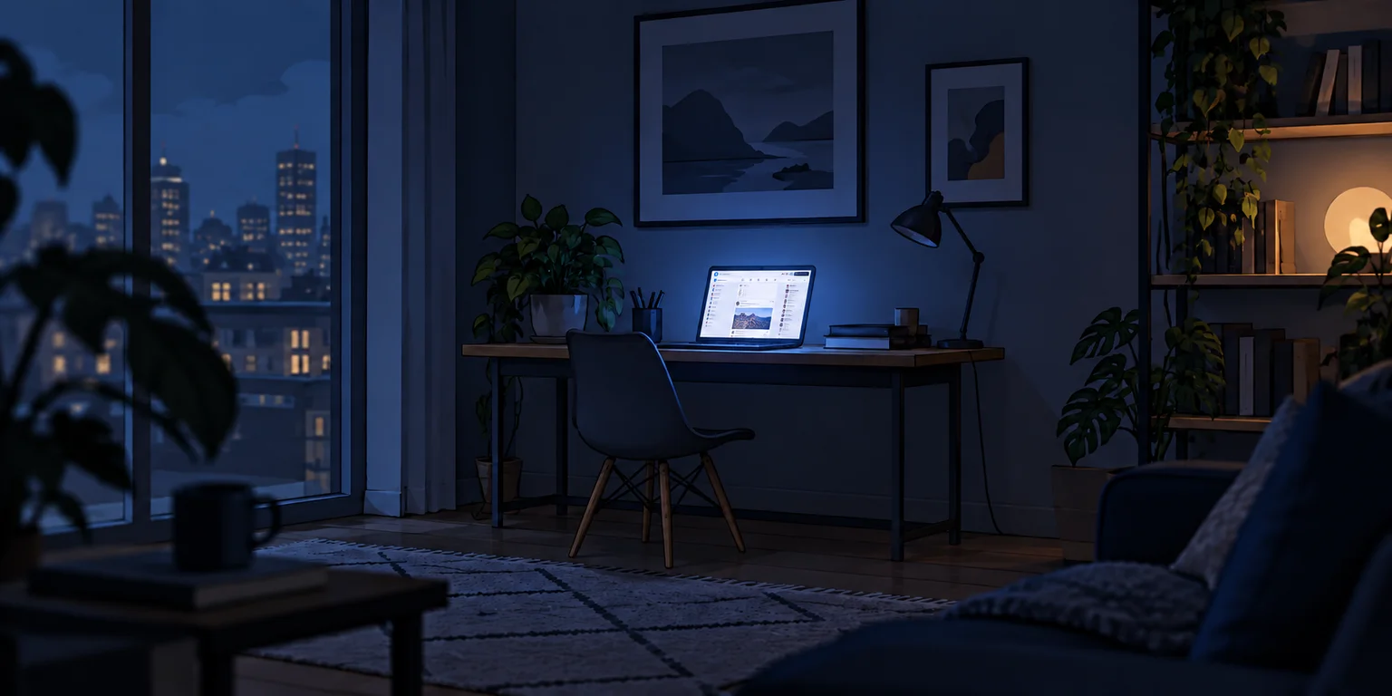 A dark living room at night with a laptop on a desk showing a social media feed, city lights visible through the window