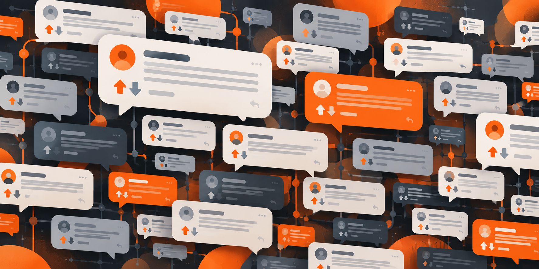 A dense grid of Reddit-style comment bubbles in dark gray and bright orange