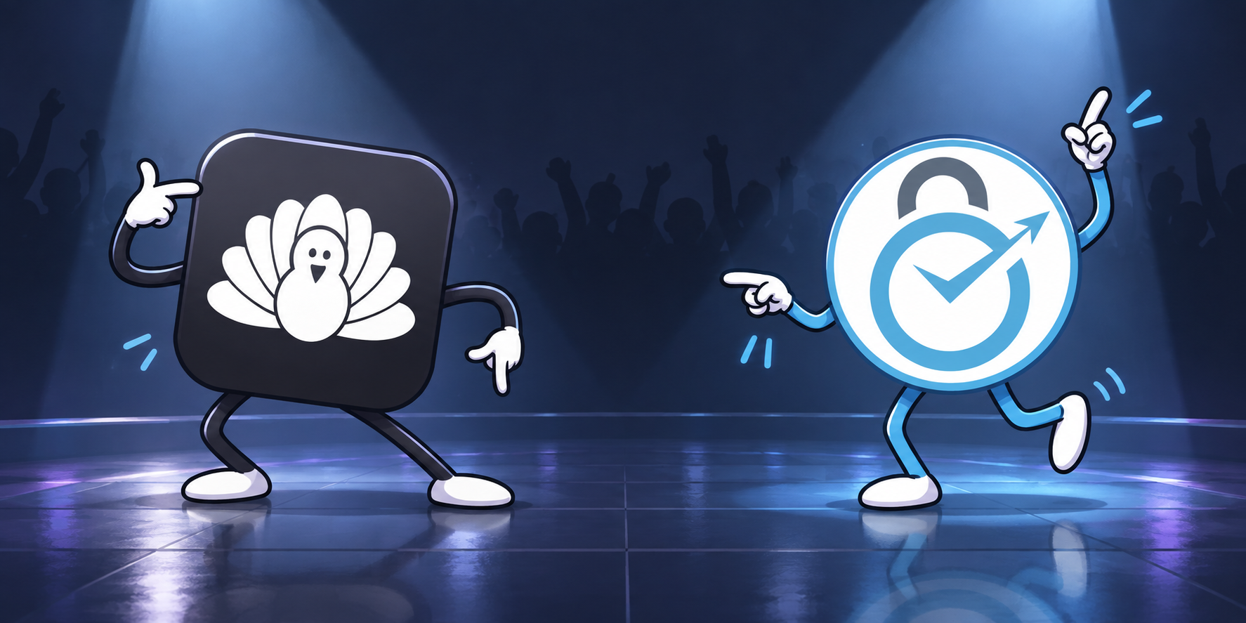 A cartoon Cold Turkey mascot and a FocusMe clock mascot facing off under spotlights