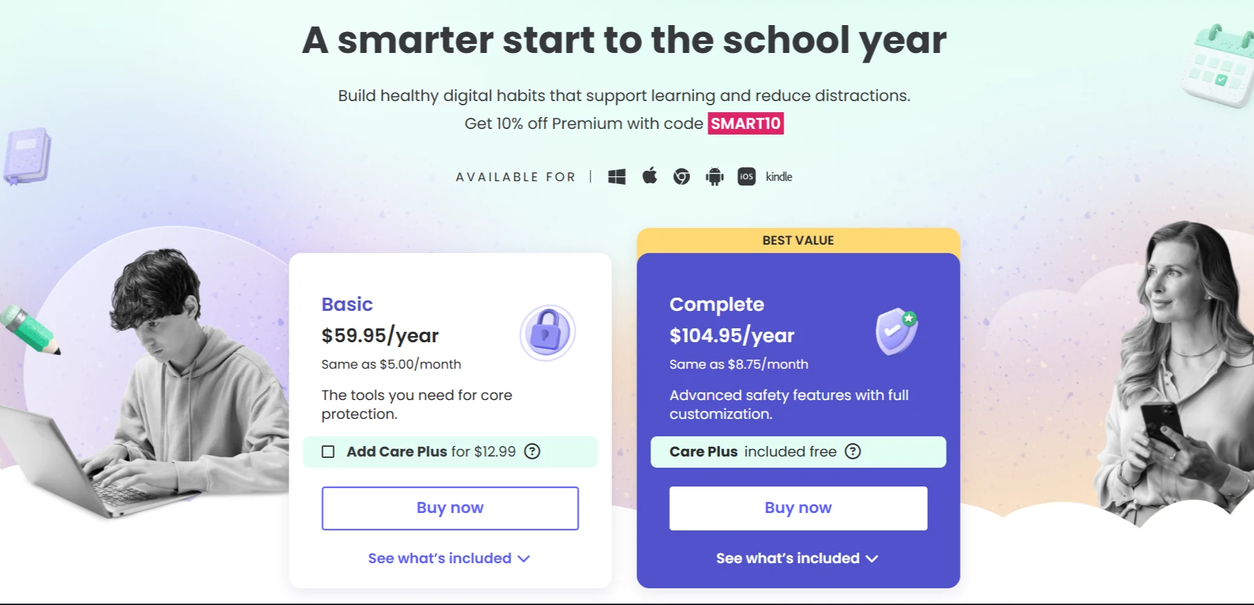 Qustodio pricing page showing the Basic and Complete annual plans