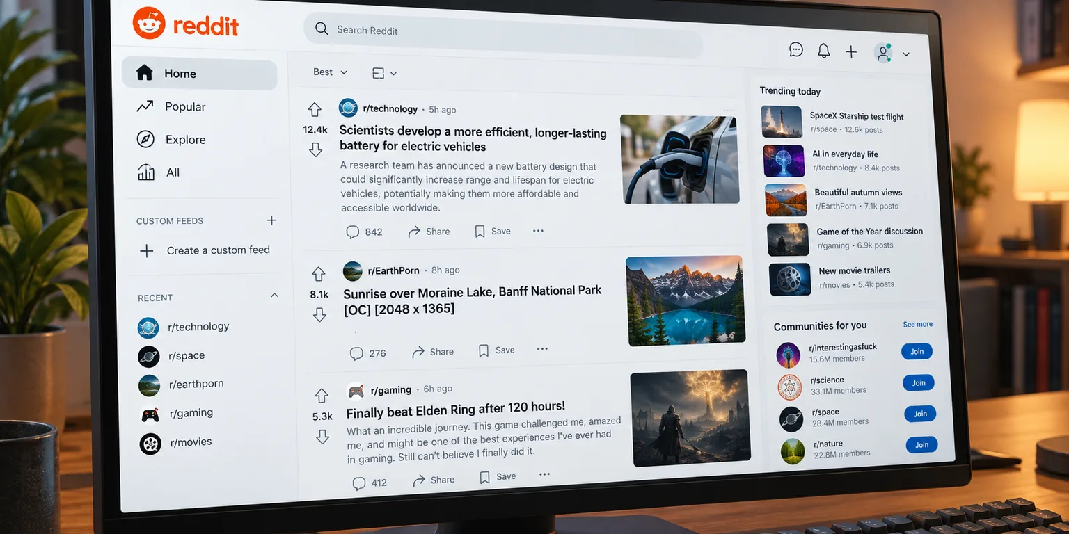 A desktop monitor showing the Reddit home feed in a warmly lit room