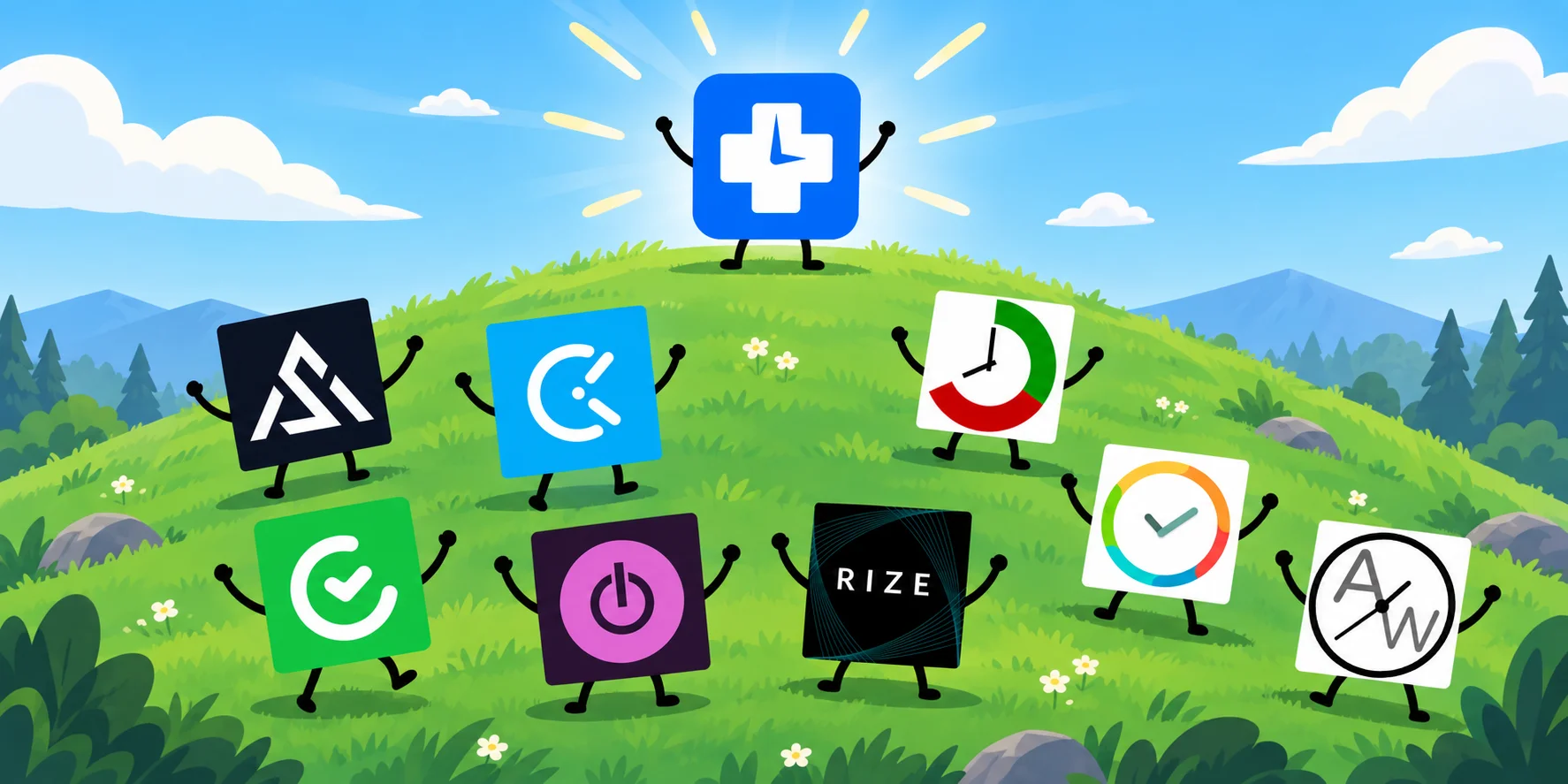 RescueTime stands as the shining hero on a sunny hill surrounded by alternative app icons