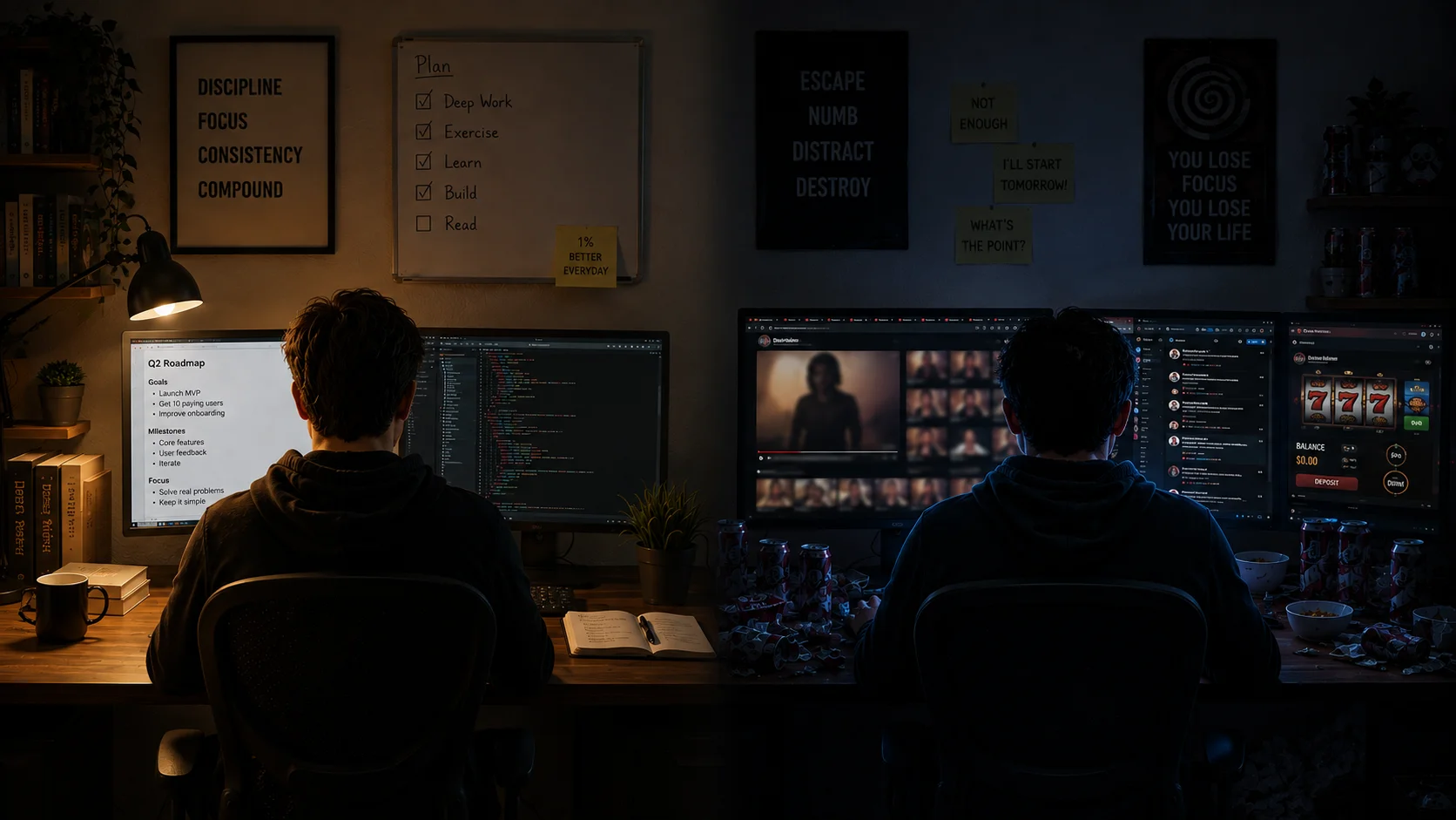 Two people at desks in a dark room: one doing focused deep work, the other surrounded by streaming, gambling and energy drinks