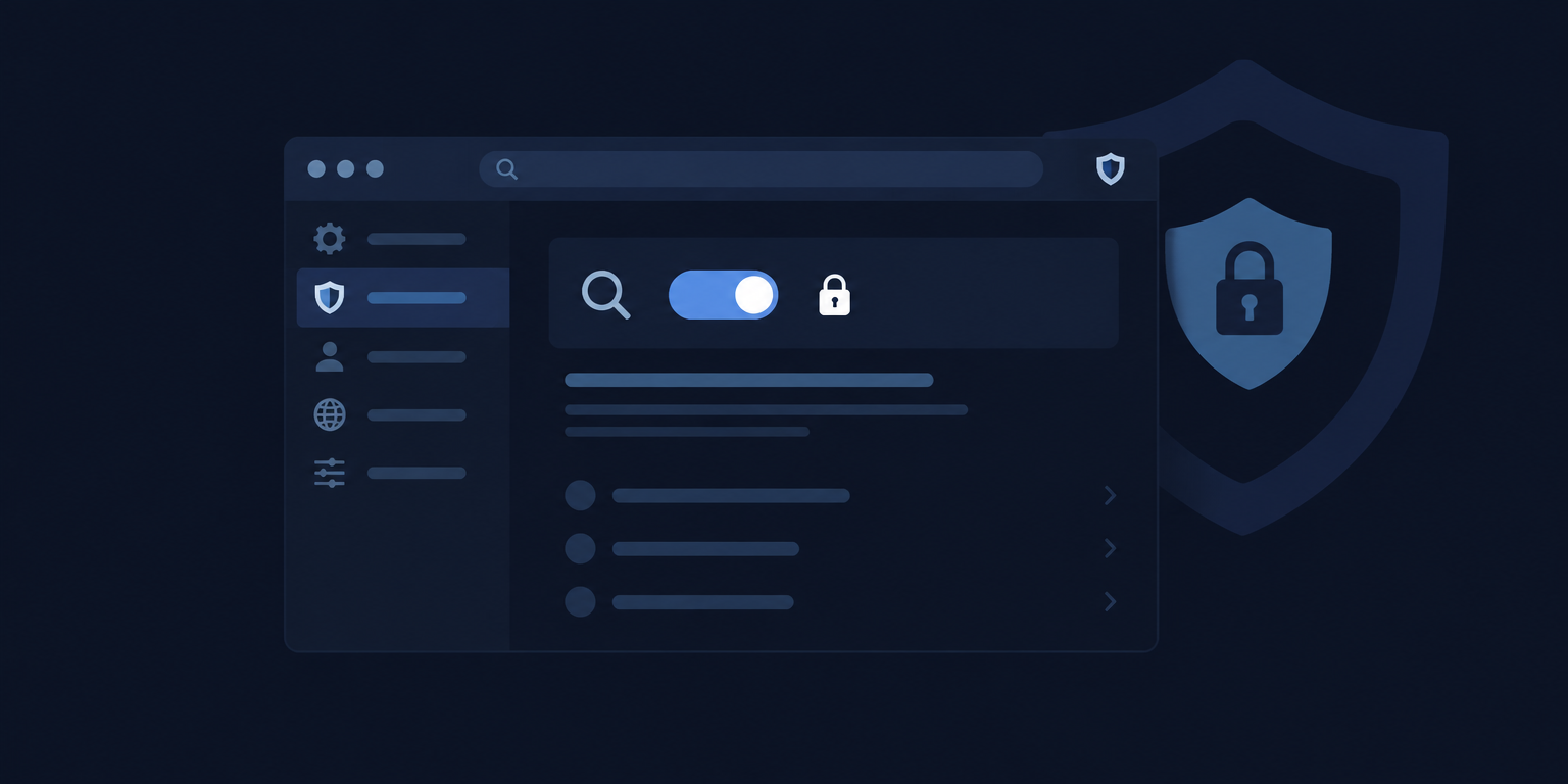 A browser settings page with a search filter switched on and locked, next to a shield with a padlock