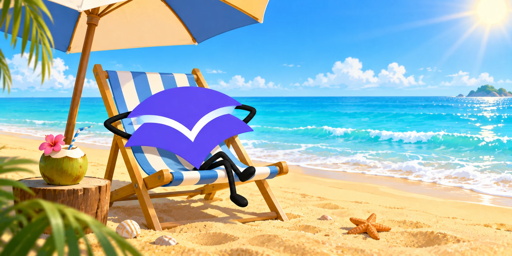 The Canopy app logo relaxing on a beach chair under an umbrella