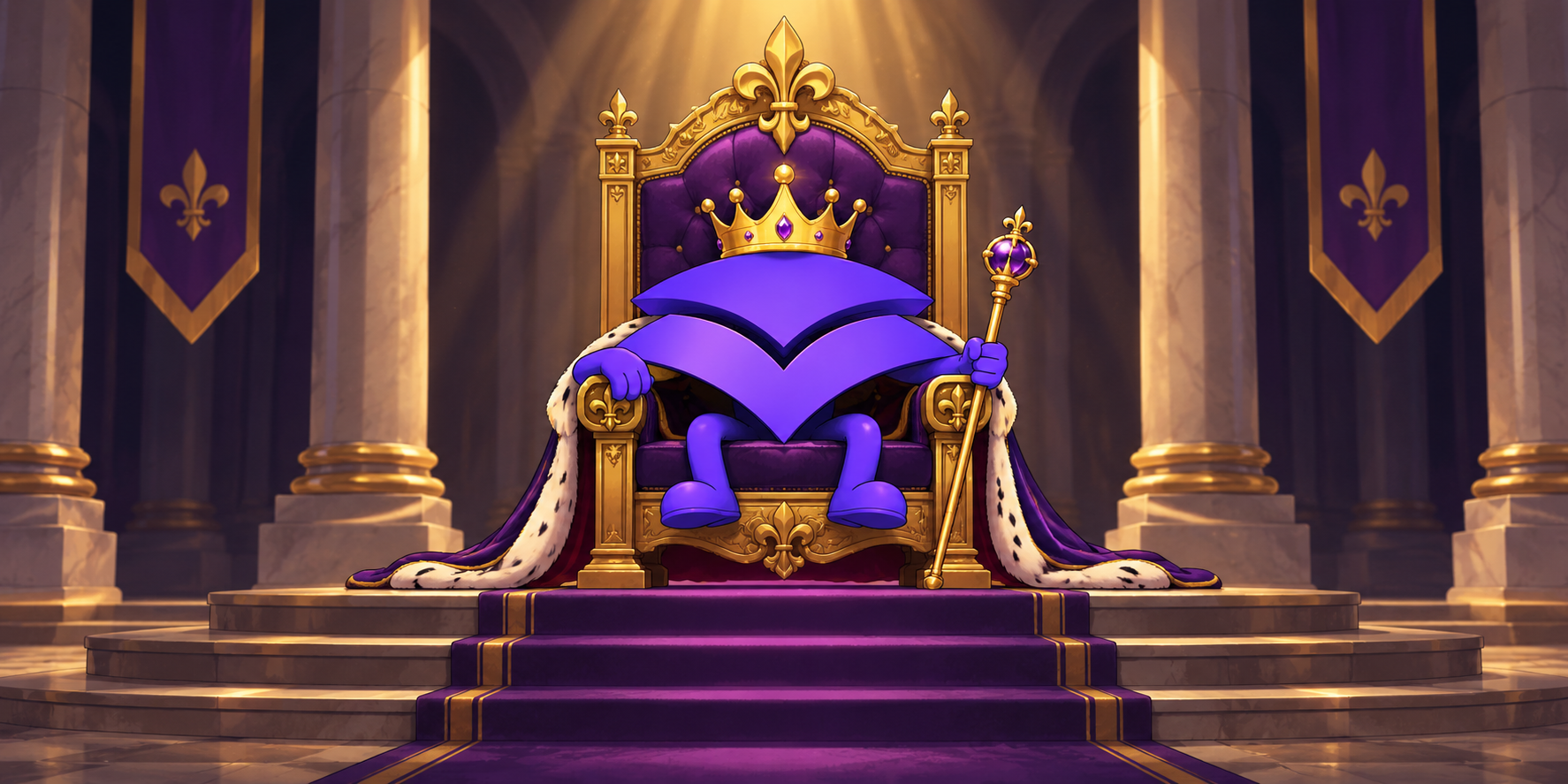 A purple cartoon mascot wearing a crown and royal robe sits on a golden throne holding a scepter