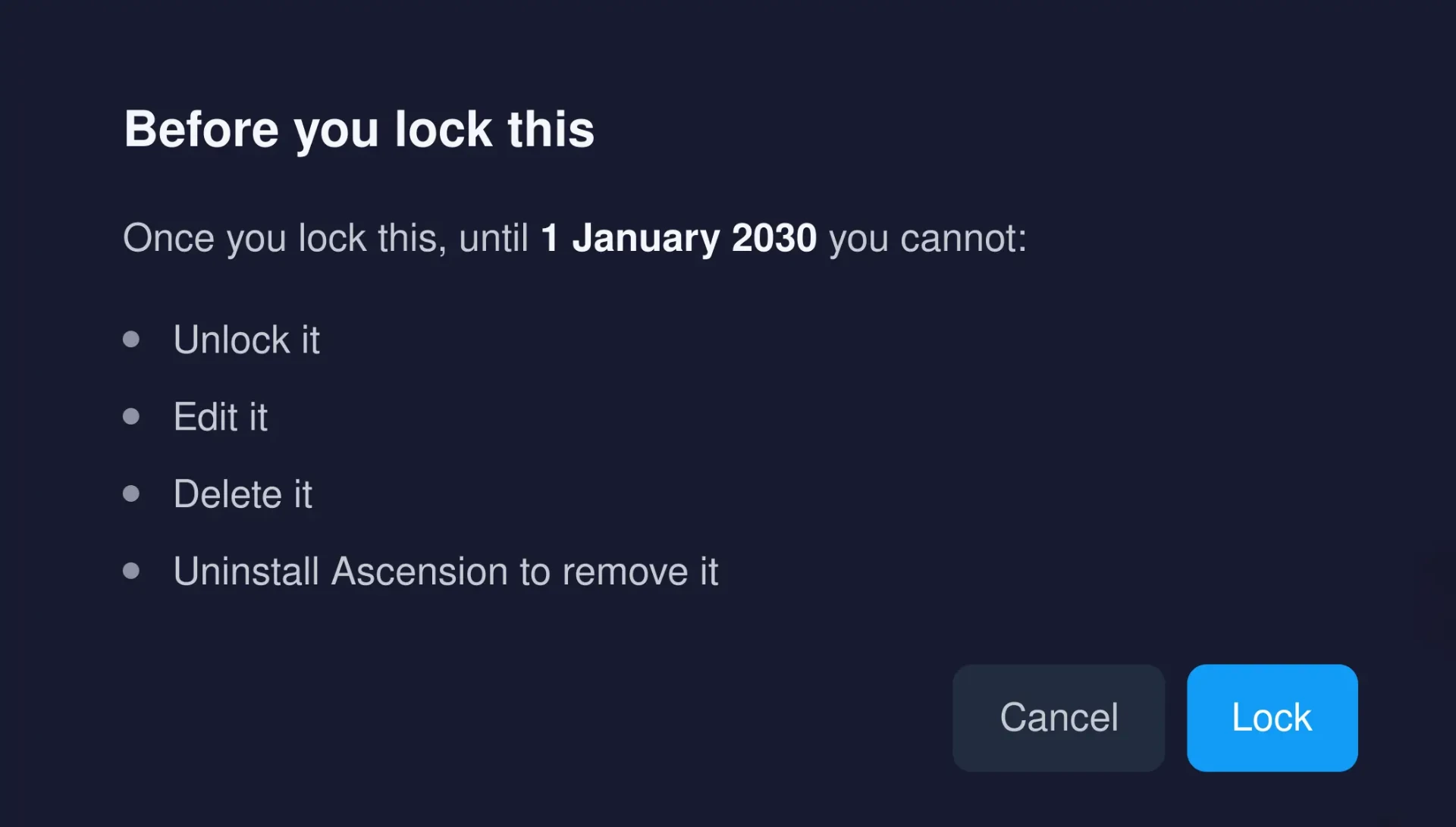 Ascension lock confirmation dialog
