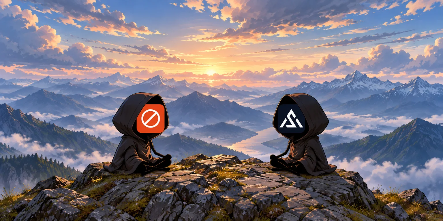 Two robed figures meditating on a mountain peak, one with the BlockerX logo and one with the Ascension logo