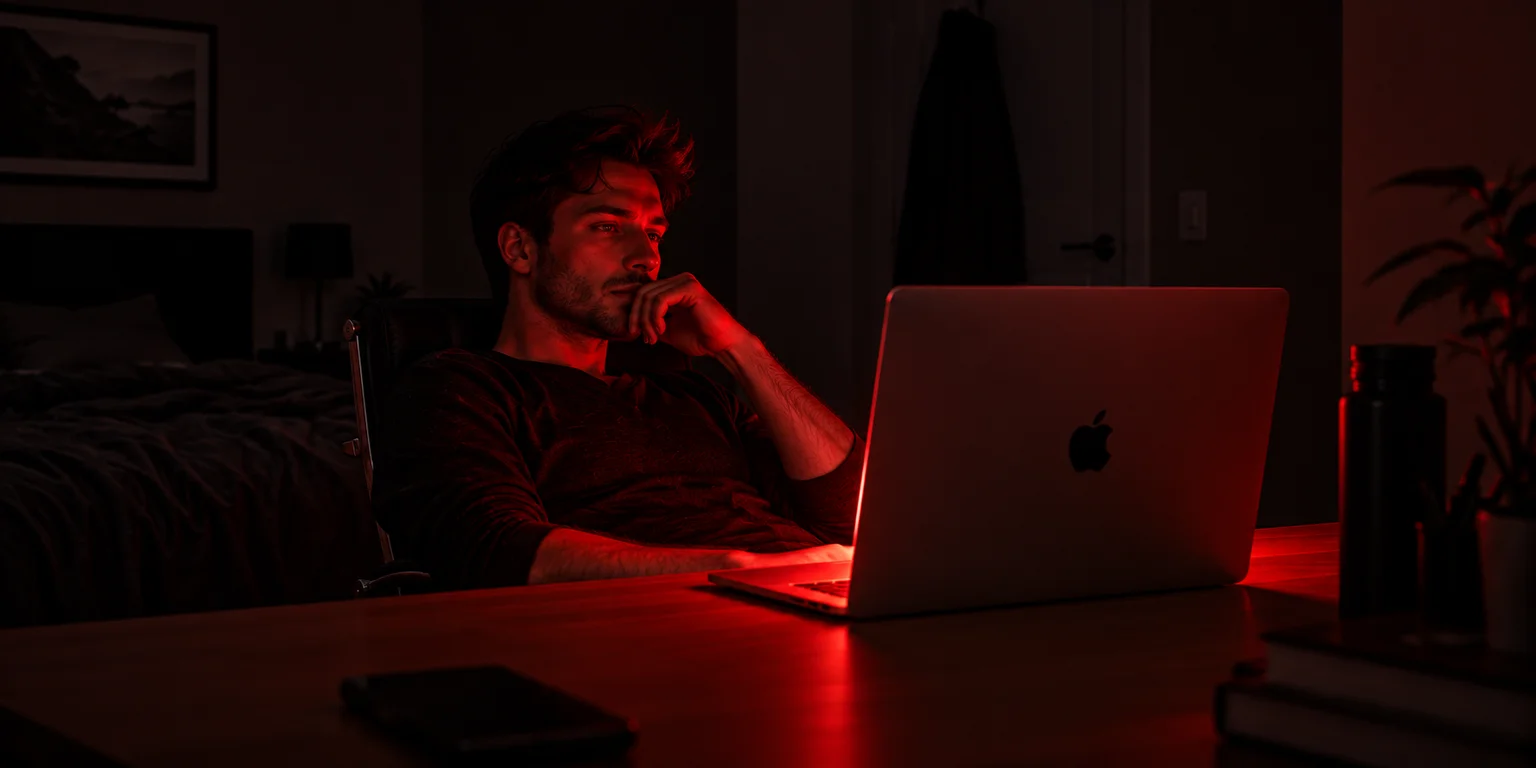 A man sitting at a desk at night, his face lit red by a MacBook screen in a dark room