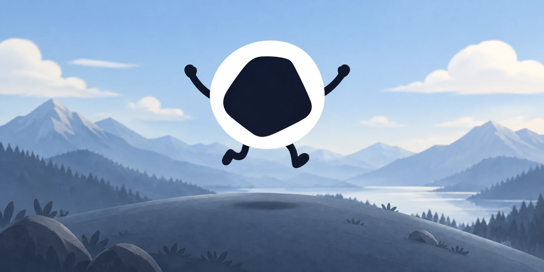 The Opal app logo mascot jumping over a mountain landscape