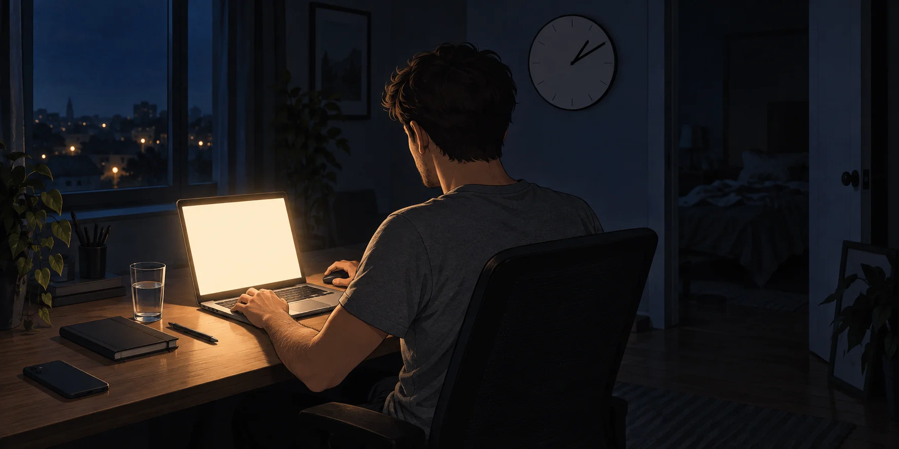Person using a laptop late at night in a dark room
