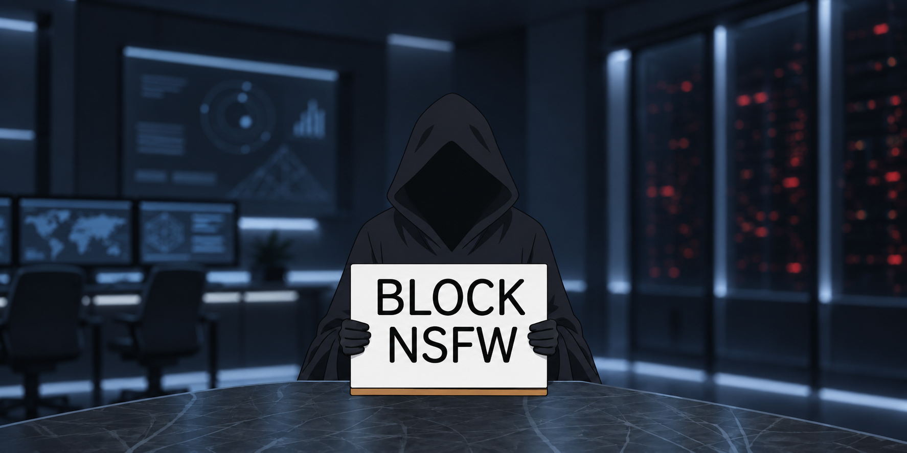 Hooded figure in a dark server room holding a sign that reads BLOCK NSFW