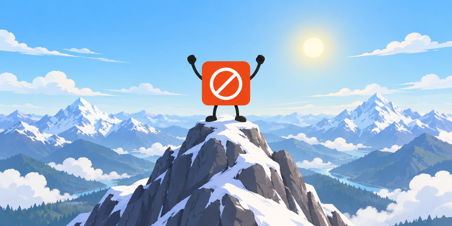 A red no-entry sign character stands on a snowy mountain peak with raised fists under a bright sun