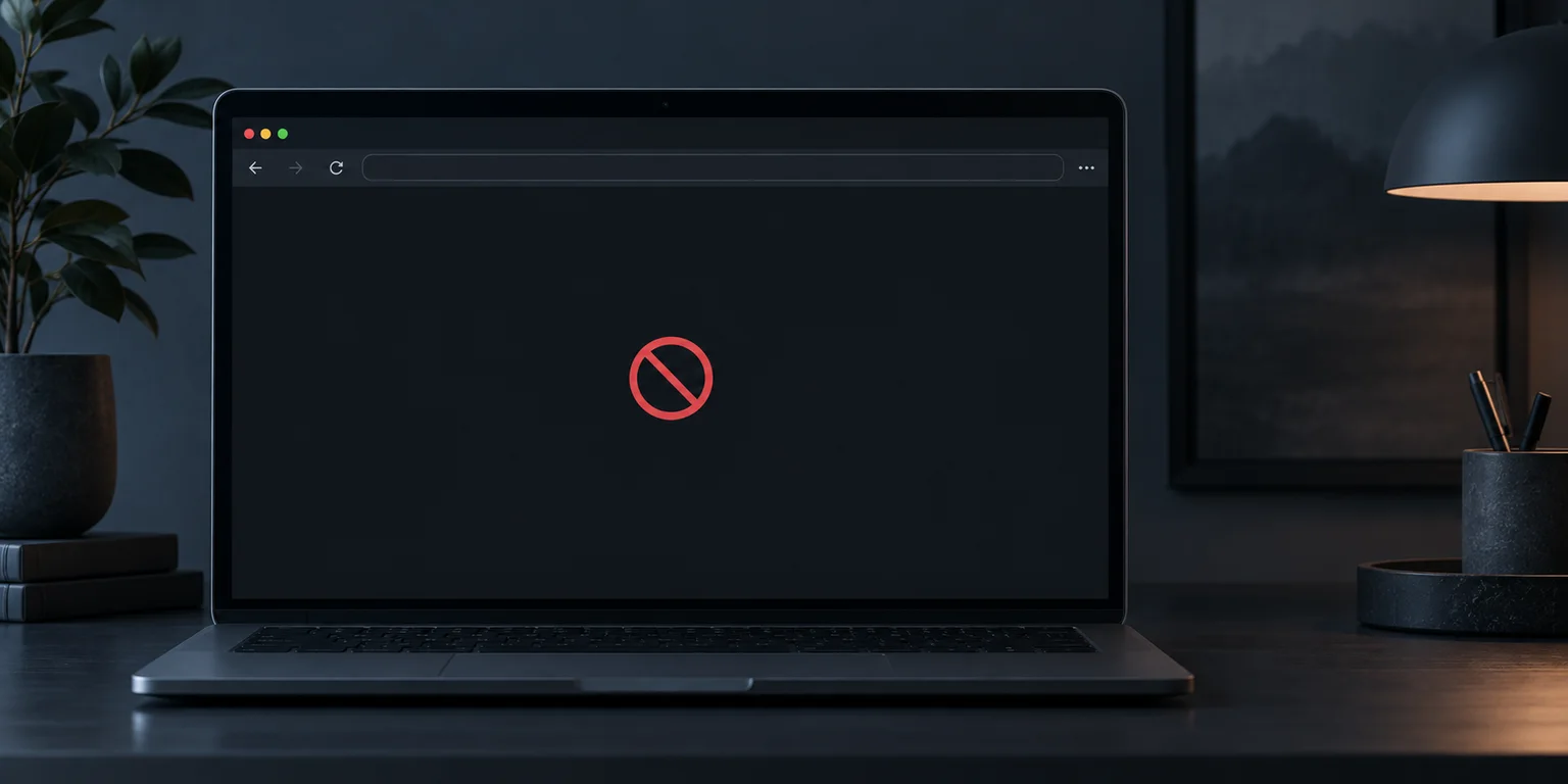 A laptop on a dark desk showing a blocked website