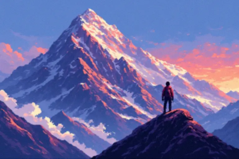 A person standing on a mountain peak facing a vast glowing mountain range
