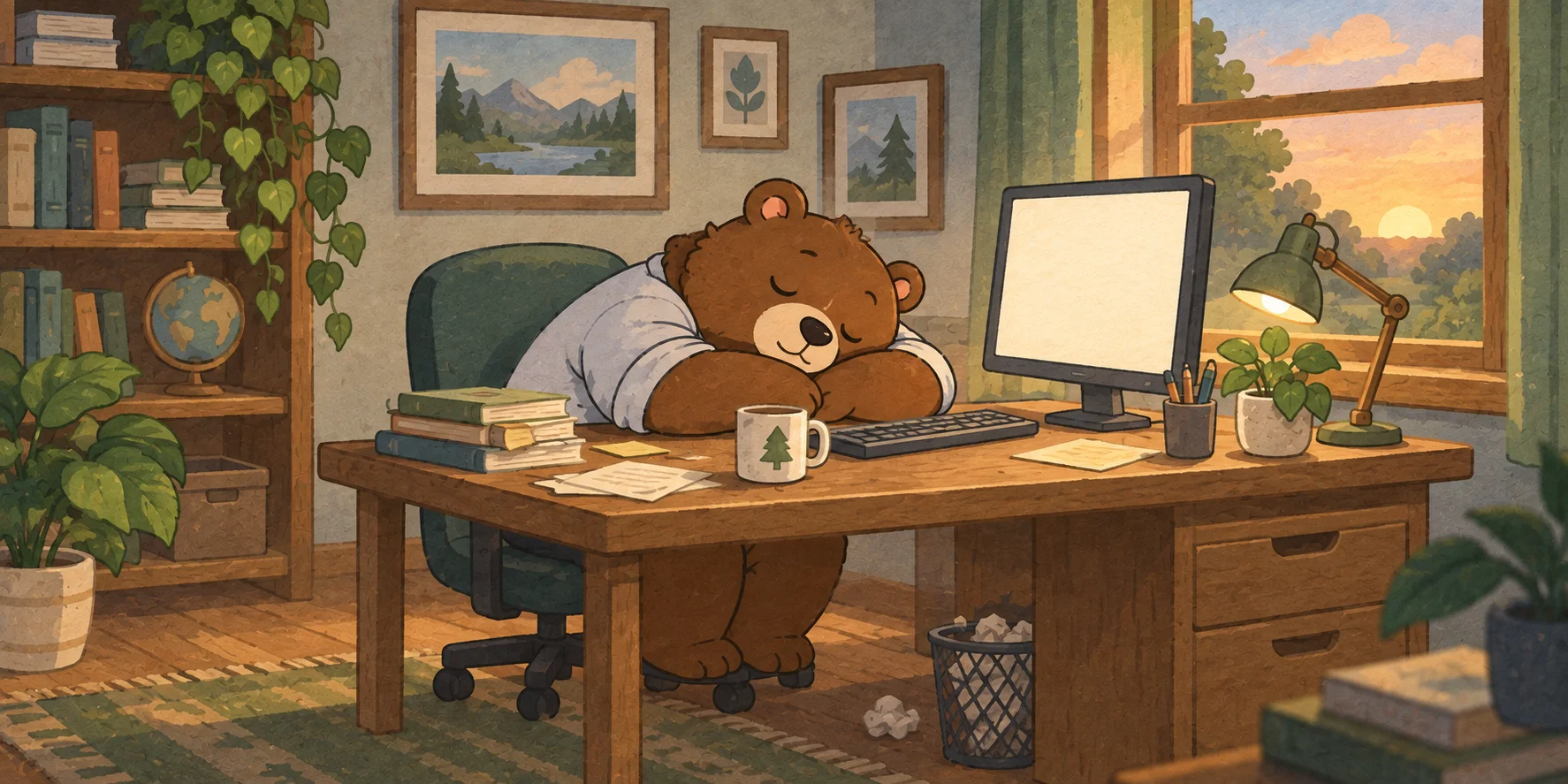 A tired cartoon bear asleep on a wooden desk in a cozy study at sunset