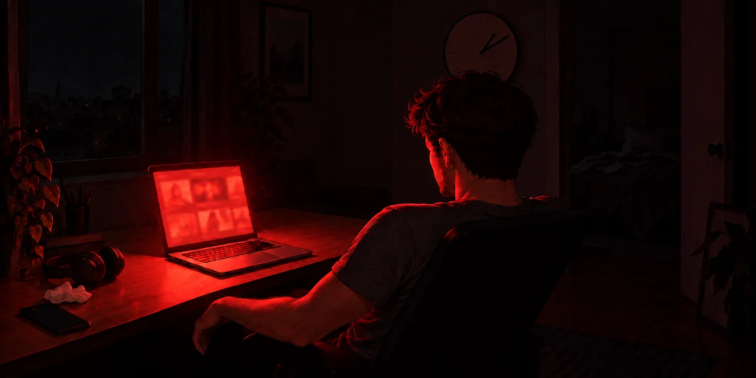 A man seen from behind sitting at a desk at night, his face lit red by a laptop screen in a dark room
