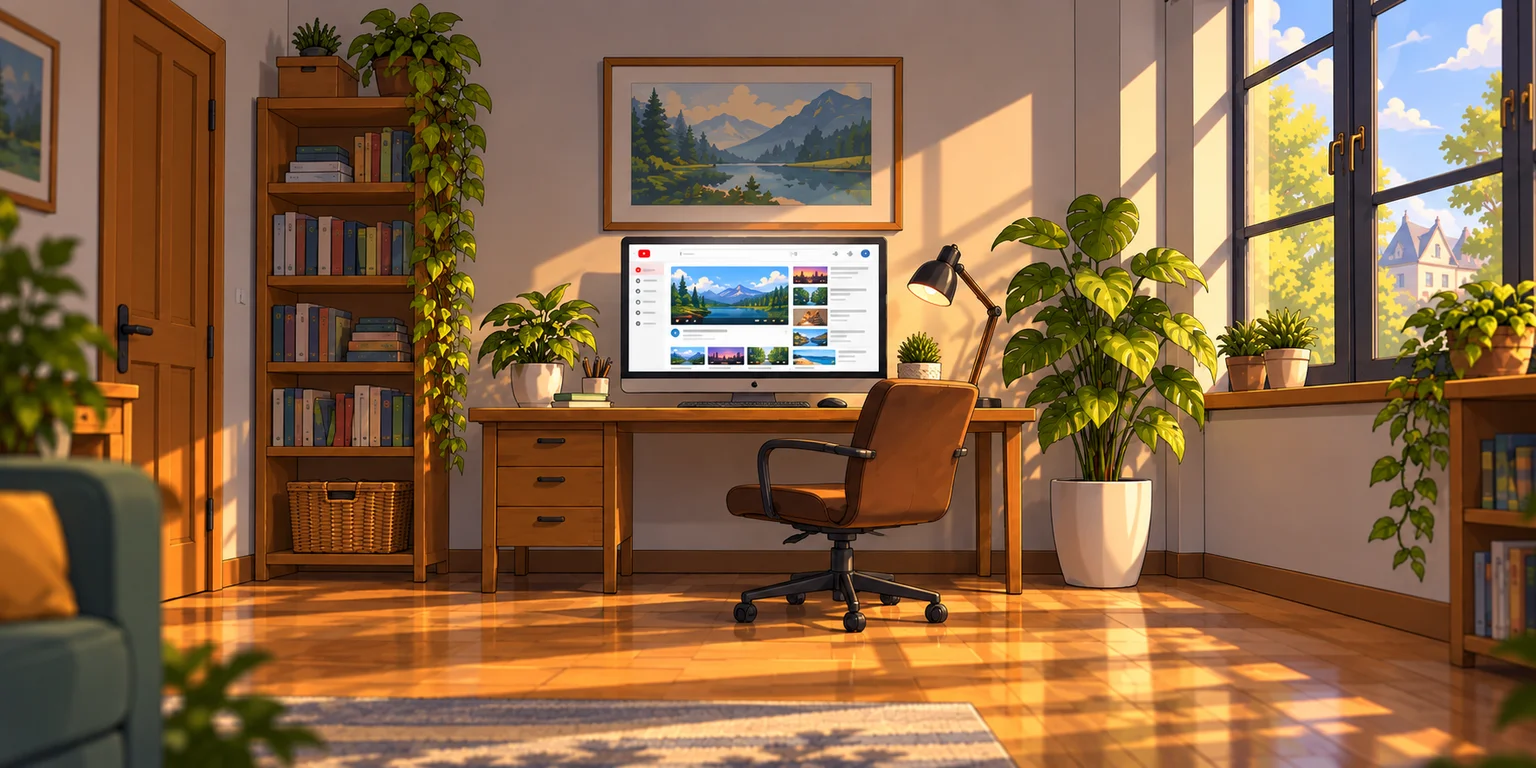 A cozy home office at golden hour, an iMac on a wooden desk showing the YouTube homepage, surrounded by plants and bookshelves
