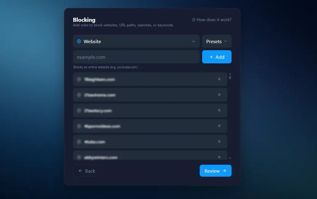 Ascension blocking panel with website, URL, search and keyword rules