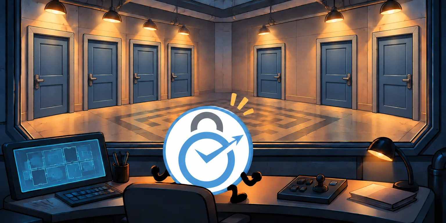 A blocker mascot at a control desk with monitors, in front of a room full of locked doors