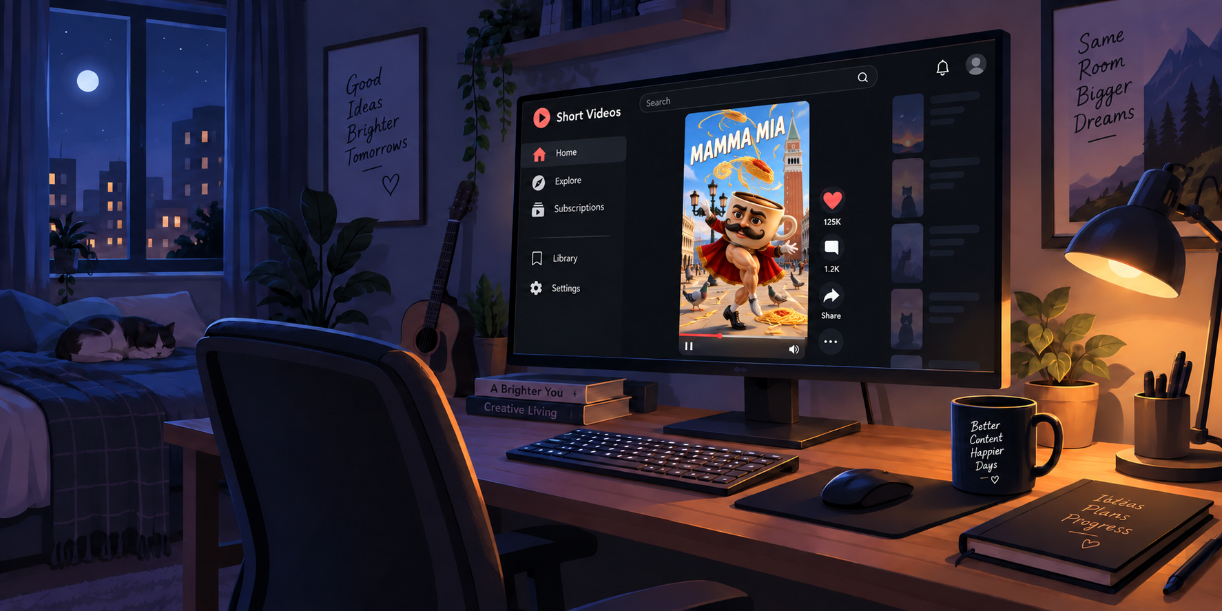 A cozy night desk with a monitor showing a short-video app, a sleeping cat, and a warm desk lamp