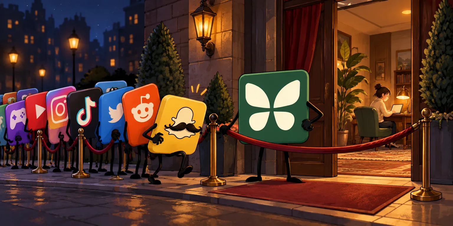 Social media app icons queueing outside a club while a bouncer keeps them out