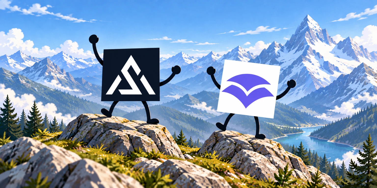 The Ascension logo and the Canopy logo as illustrated characters standing on rocks in front of snowy mountains