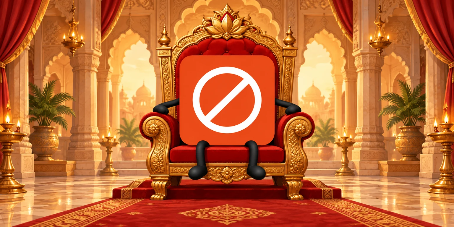 An orange app icon with a white no-entry symbol sitting on a royal throne in an ornate palace hall
