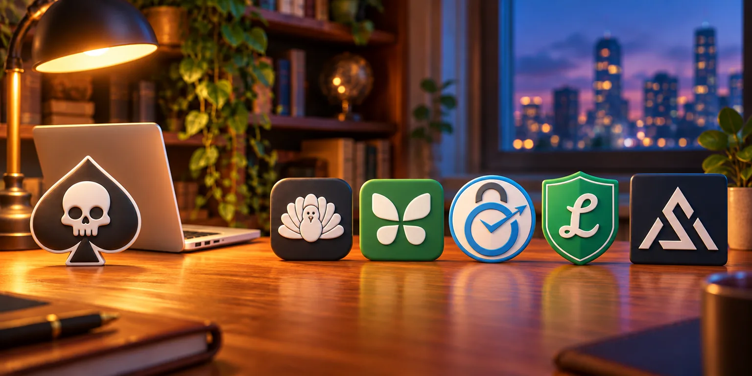The SelfControl, Cold Turkey, Freedom, FocusMe, LeechBlock NG and Ascension icons lined up on a wooden desk at night