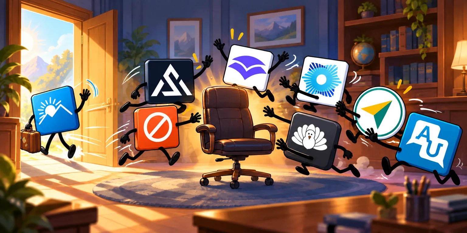 Accountability app and blocker mascots racing to claim an empty office chair in a cozy study