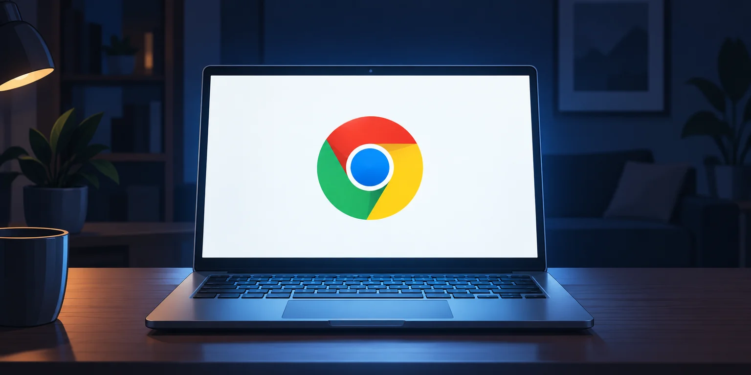 A laptop on a wooden desk at night showing the Chrome logo on its screen