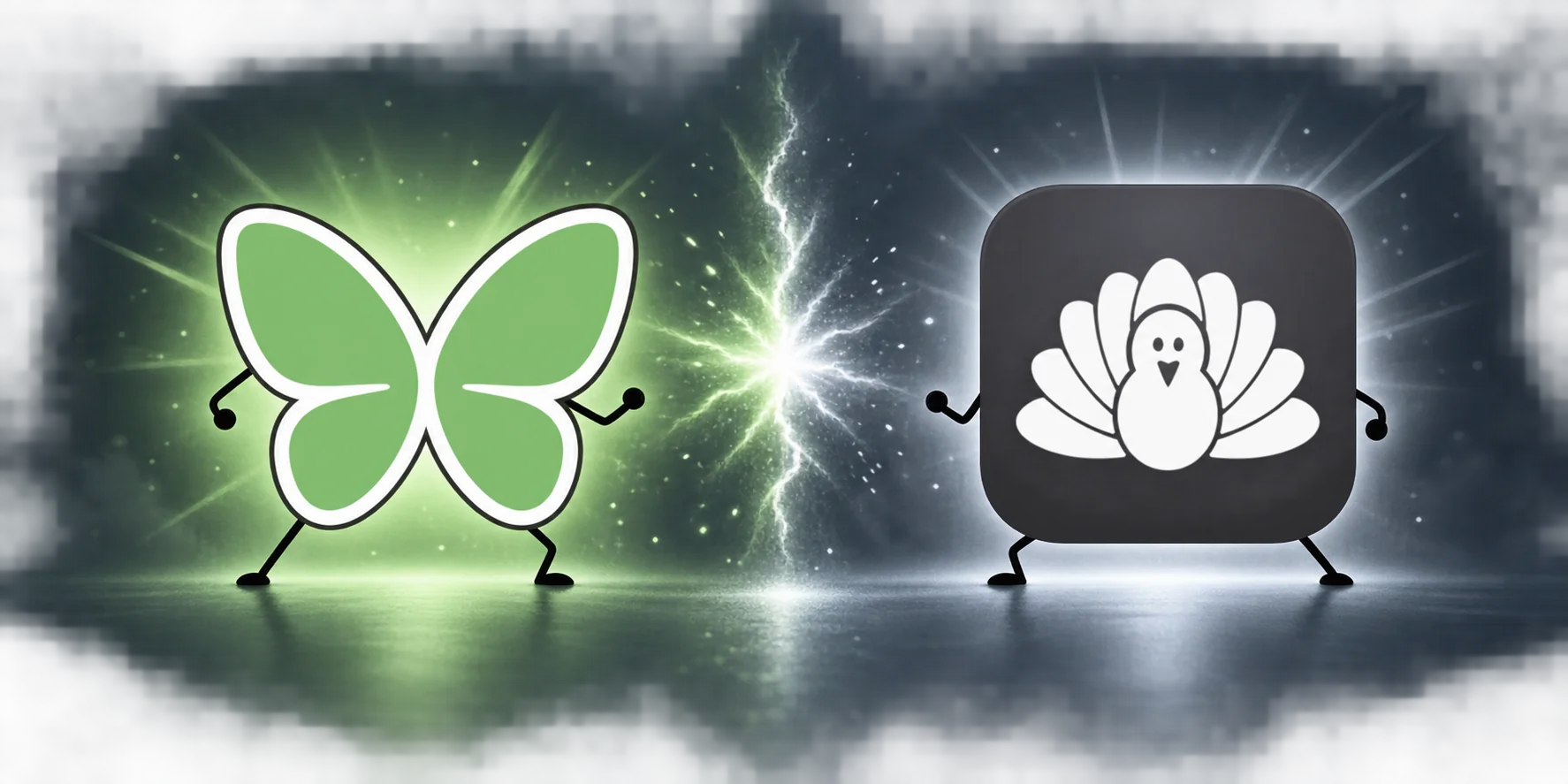 Two abstract blocker mascots facing each other across a desk
