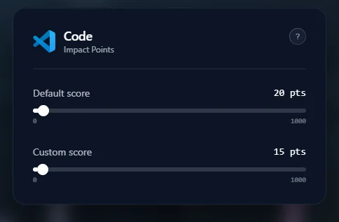 Ascension Impact Points slider for Visual Studio Code, showing a default score of 20 pts and a custom score of 15 pts