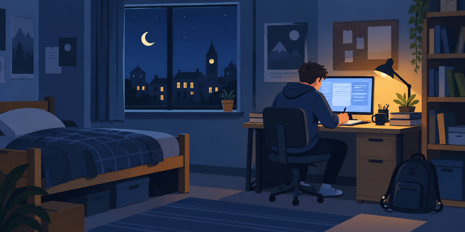 A student working at a desk late at night, with a crescent moon and city lights visible through the window