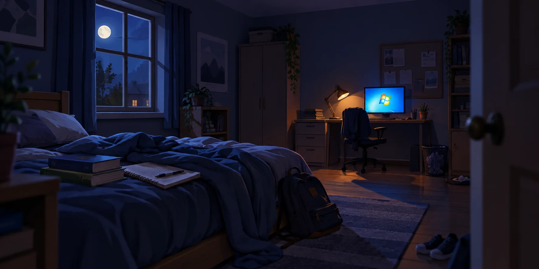 A teenager's bedroom at night, lit only by the glow of a Windows computer screen on the desk