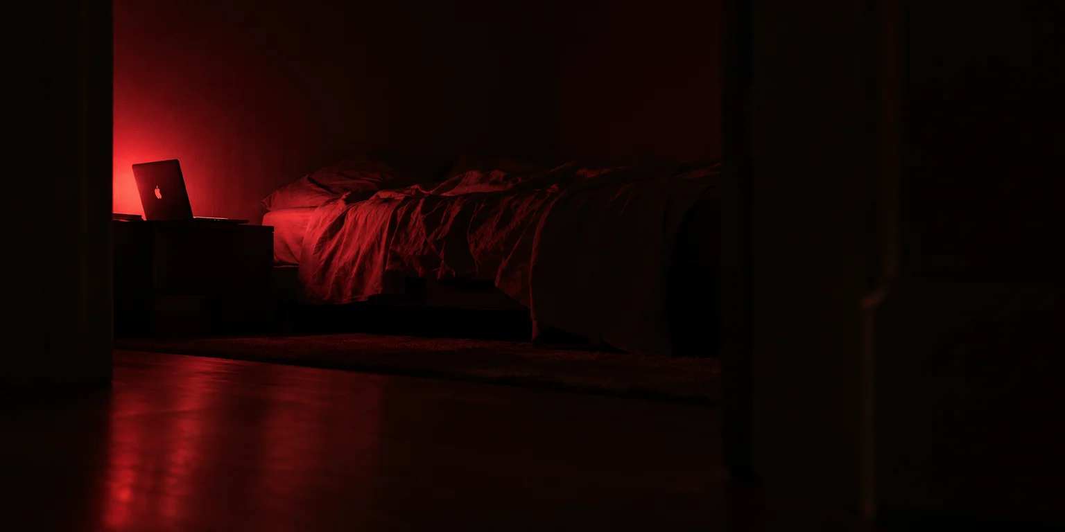 A dark bedroom at night, a MacBook glowing red on the nightstand beside an unmade bed